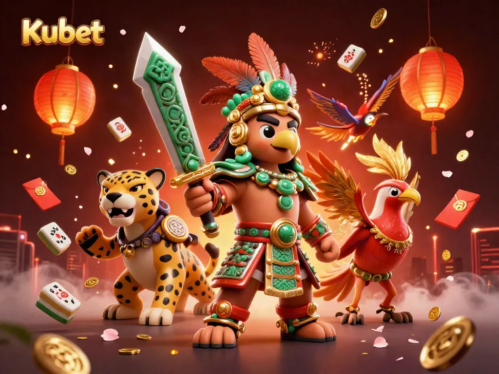 Kubet features an Aztec warrior and jaguar companion among casino elements, symbolizing thrilling gaming.