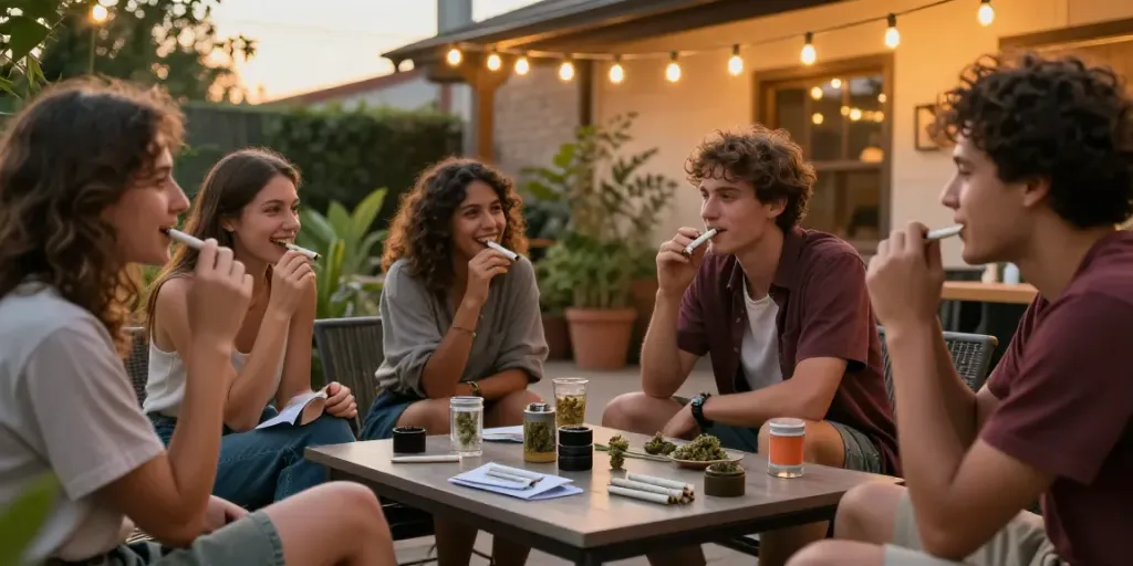 Social gathering enjoying cannabis pre rolls online on a cozy patio.