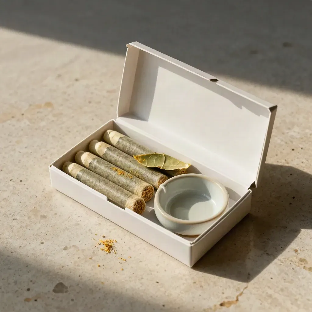 Open Lemon Haze pre-roll 5-pack with citrus leaf and ash dish on stone