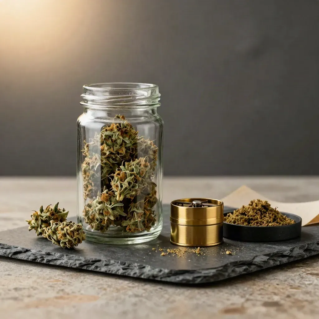 Sealed glass jar of OG Kush flower with buds, brass grinder and hemp paper on stone.