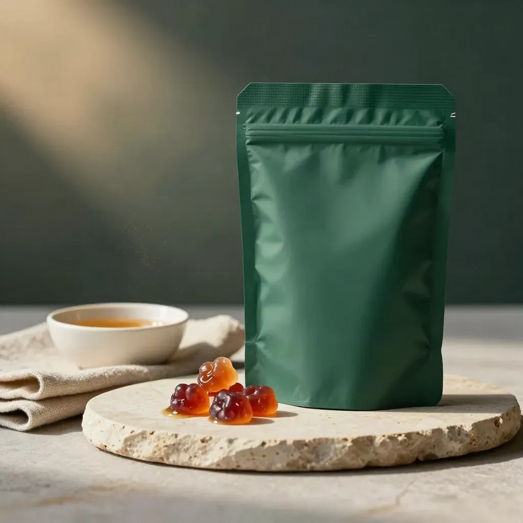 Forest-green gummies pouch on a stone plate with berry chews, linen napkin and small bowl.