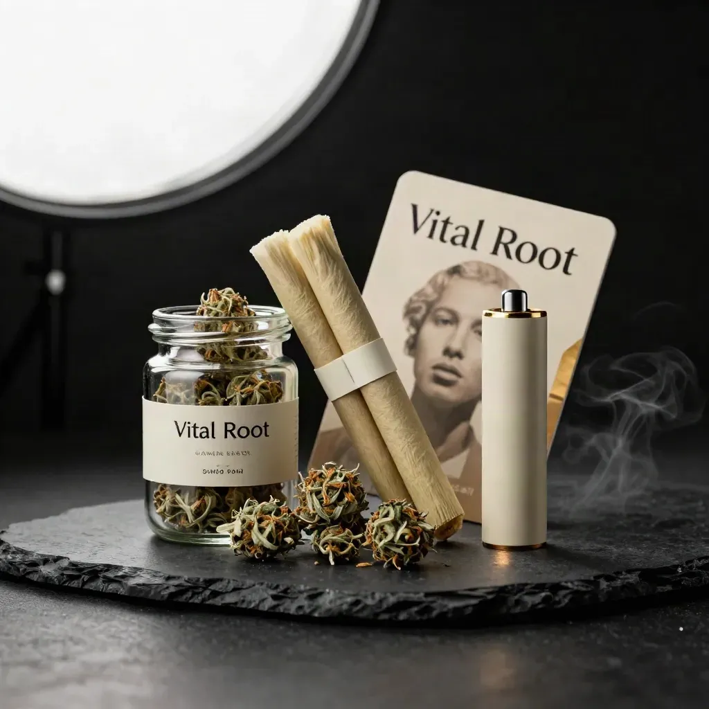 Dark cannabis bundle with flower jar, pre-roll tube and vape cart on black stone with gold highlights.