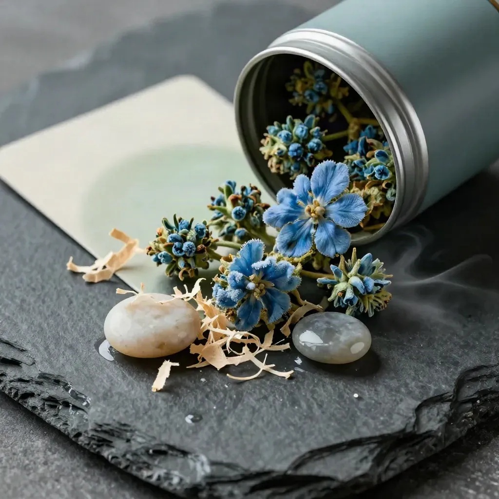 Blue Dream flower in a matte tin on wet slate with frosty buds, parchment and a pebble.