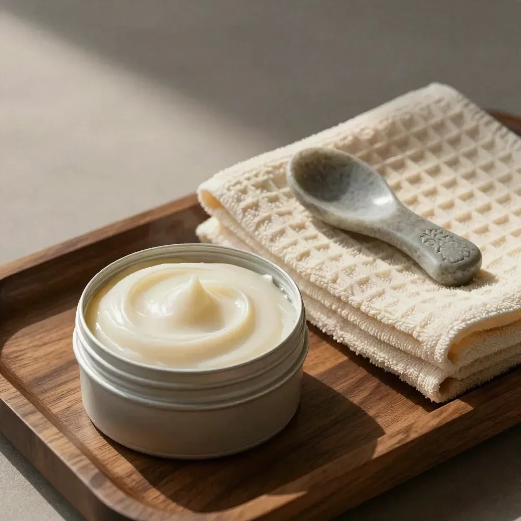 Open balm tin with stone spoon and waffle cloth on dark spa wood, fresh cream swirl in macro.