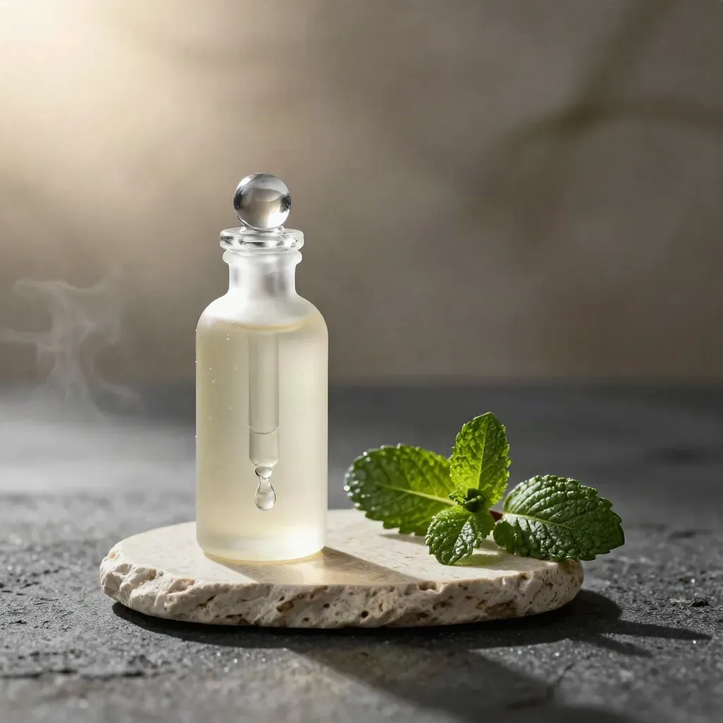 Tinted tincture bottle with dropper, mint stems and stone coaster in a soft studio hero shot.