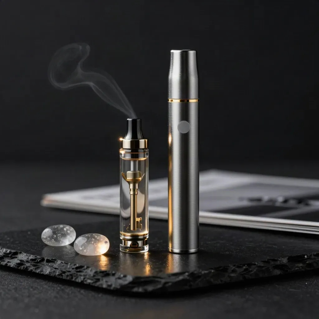 Sunrise vape cartridge and pen on black stone with vapor and gold highlights