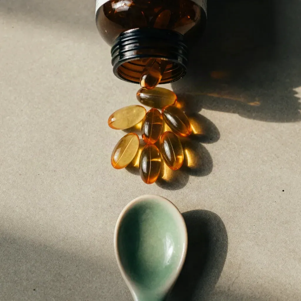 Overhead flatlay of a bottle, amber softgels, and a ceramic spoon on khaki concrete.