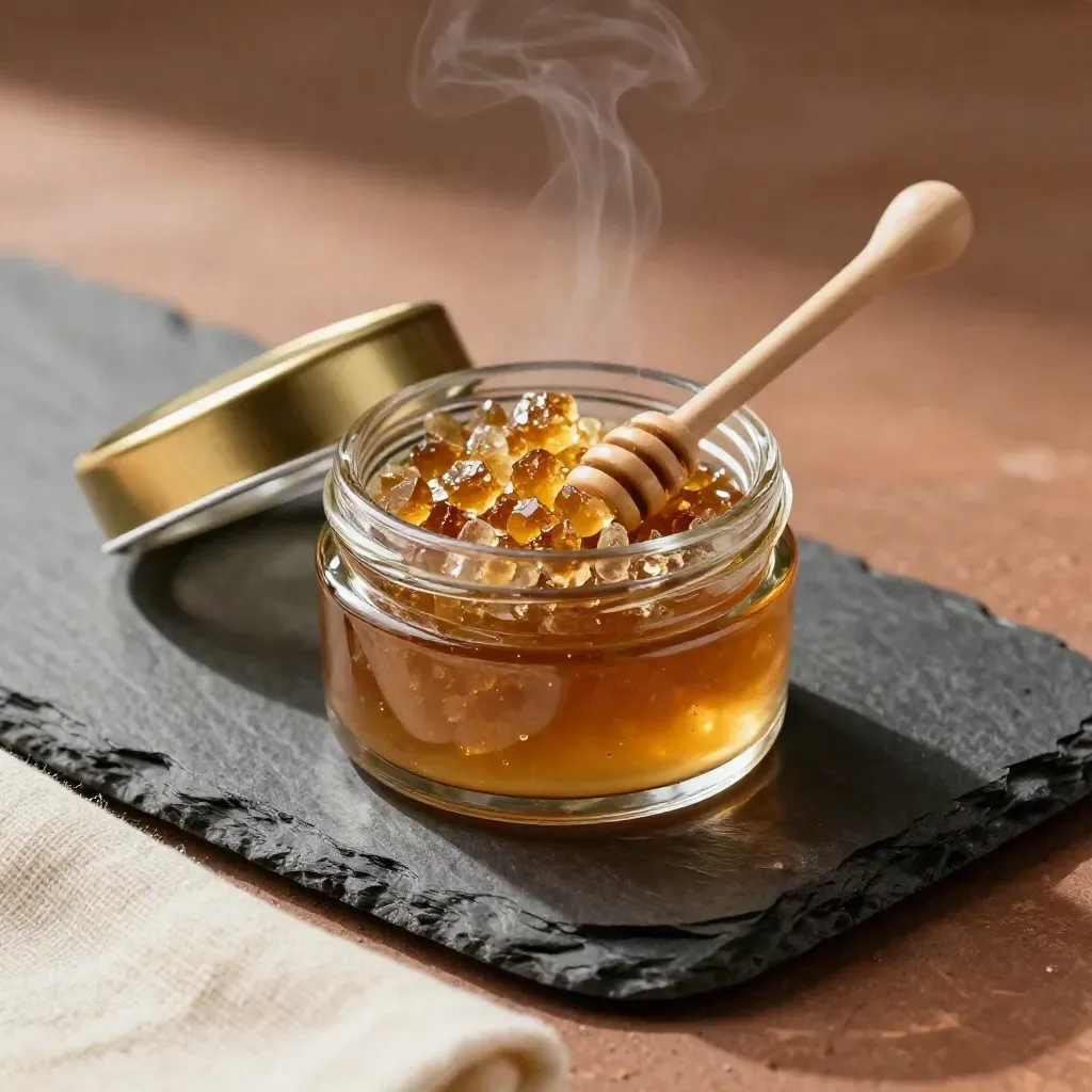 Open jar of hash rosin sugar wax with dab tool on slate, warm amber sheen and soft spa haze.