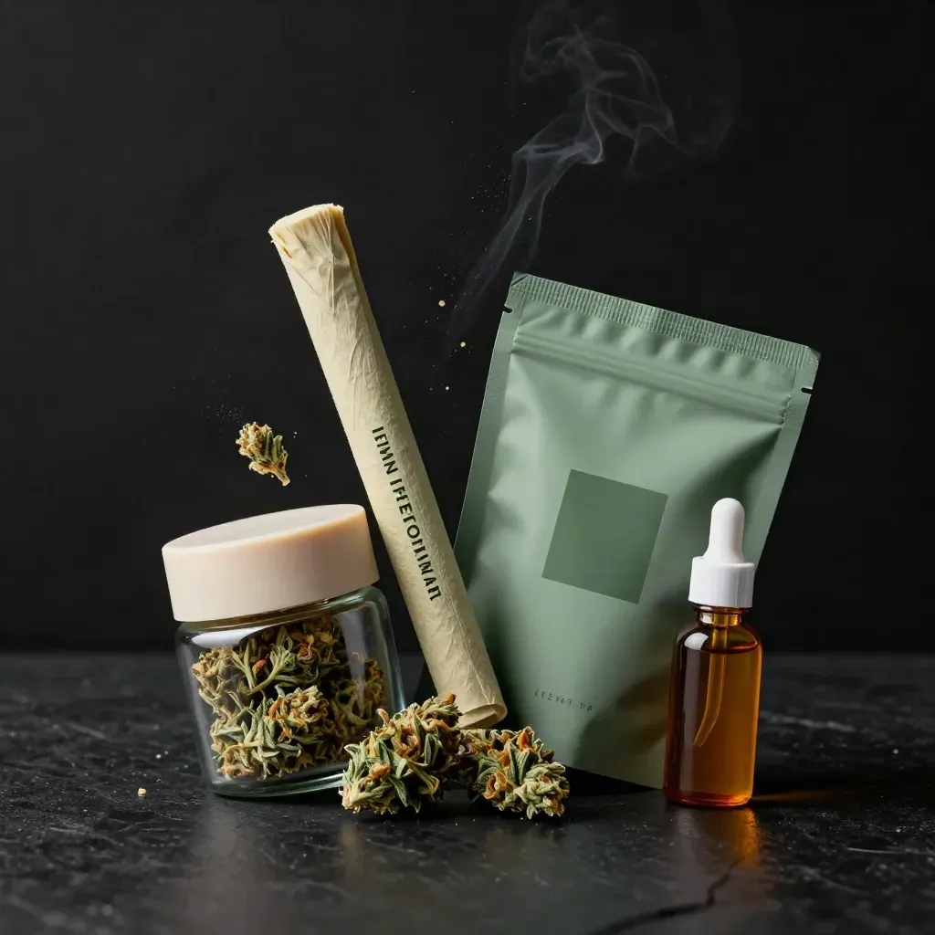 Cannabis bundle with jar, pre-roll sleeve, gummy pouch and tincture bottle on dark stone