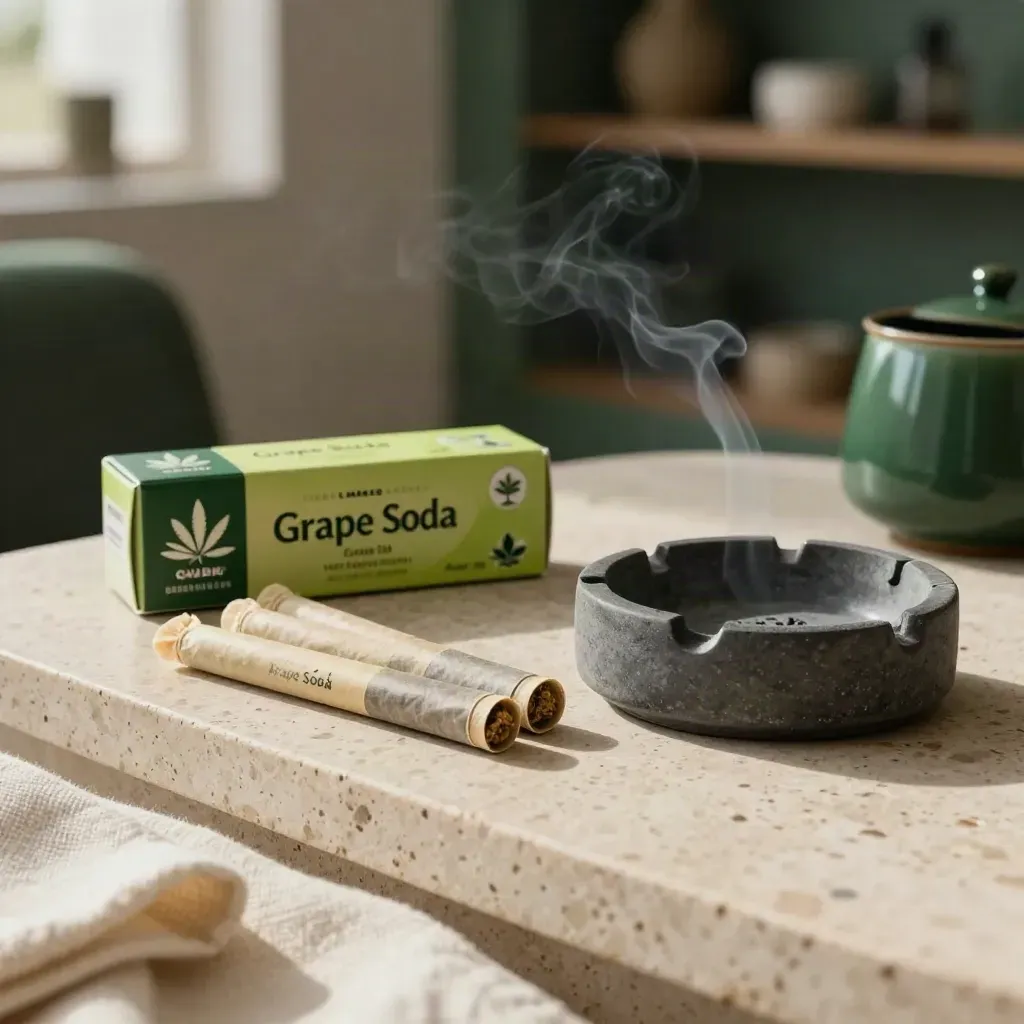 Unboxed pre-roll trio beside ash dish on travertine, softly lit in a wellness lounge