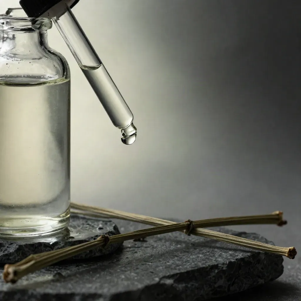 Macro of a clear tincture bottle with dropper, stone coaster, dried stems and mist on dark slate.