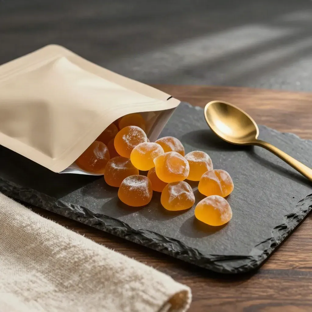 Overhead flat lay of an unbranded gummy pouch with mango chews, spoon and linen on dark stone.