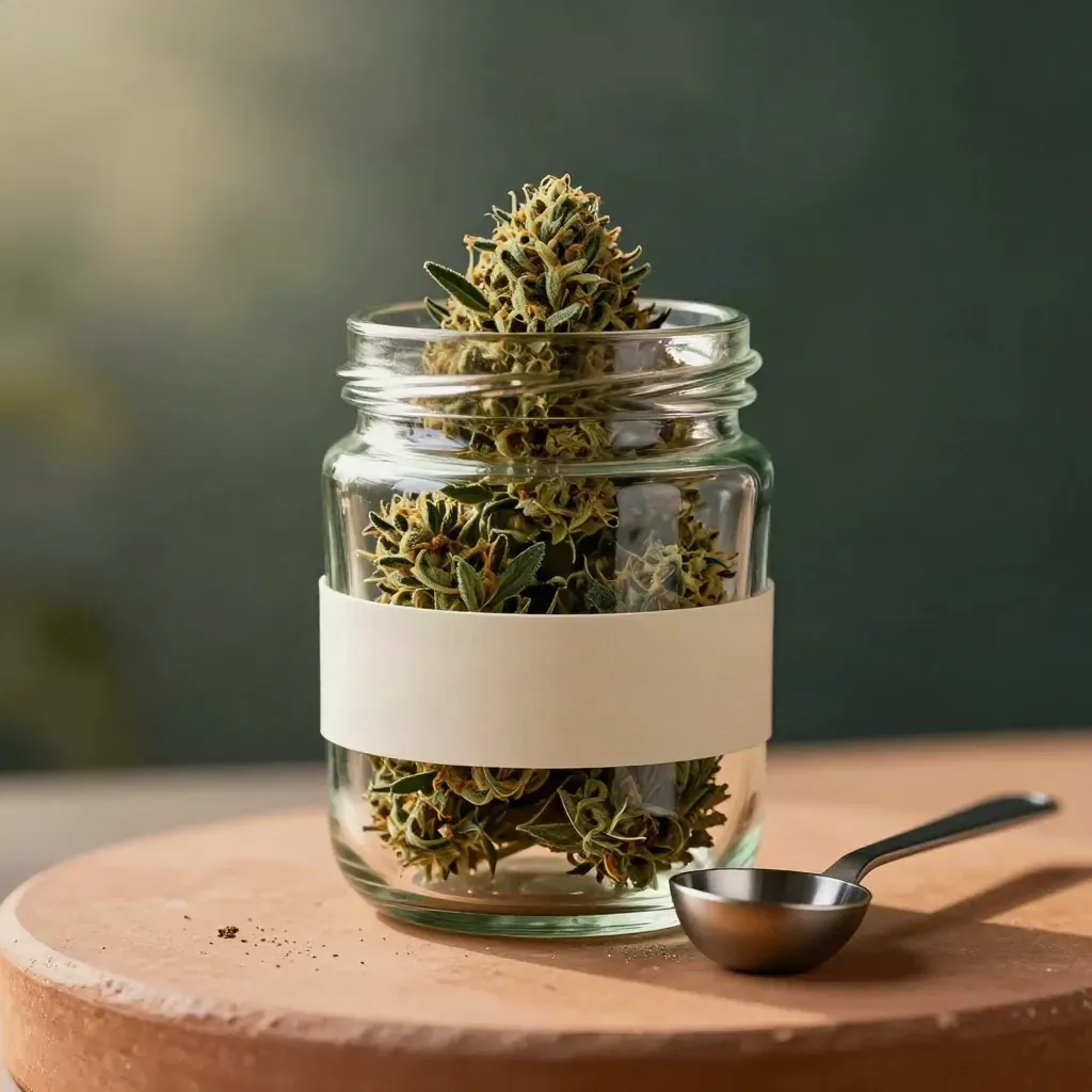 Clear glass jar of Sour Diesel flower tipped open with a metal scoop on terracotta clay.