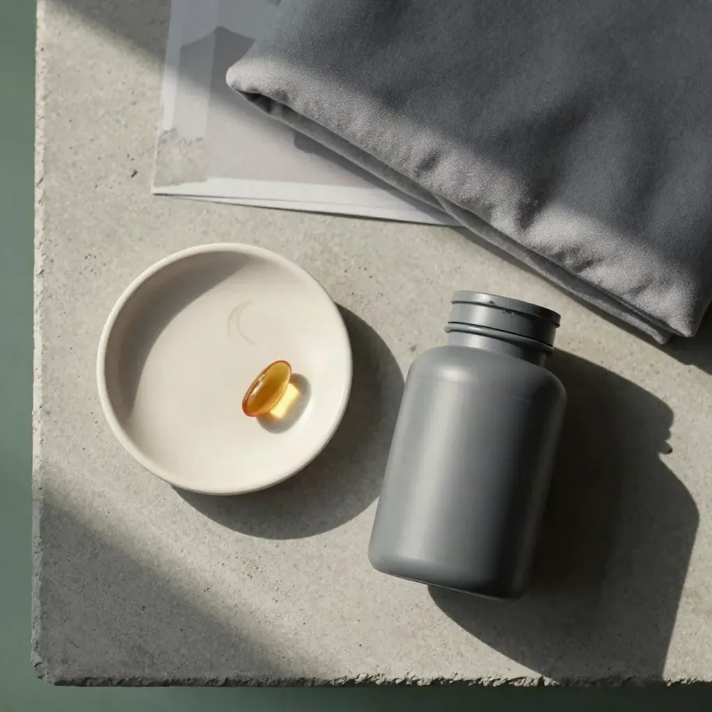 Overhead flatlay of a sleep-softgels bottle, capsule crescent, gray cloth and ceramic dish.