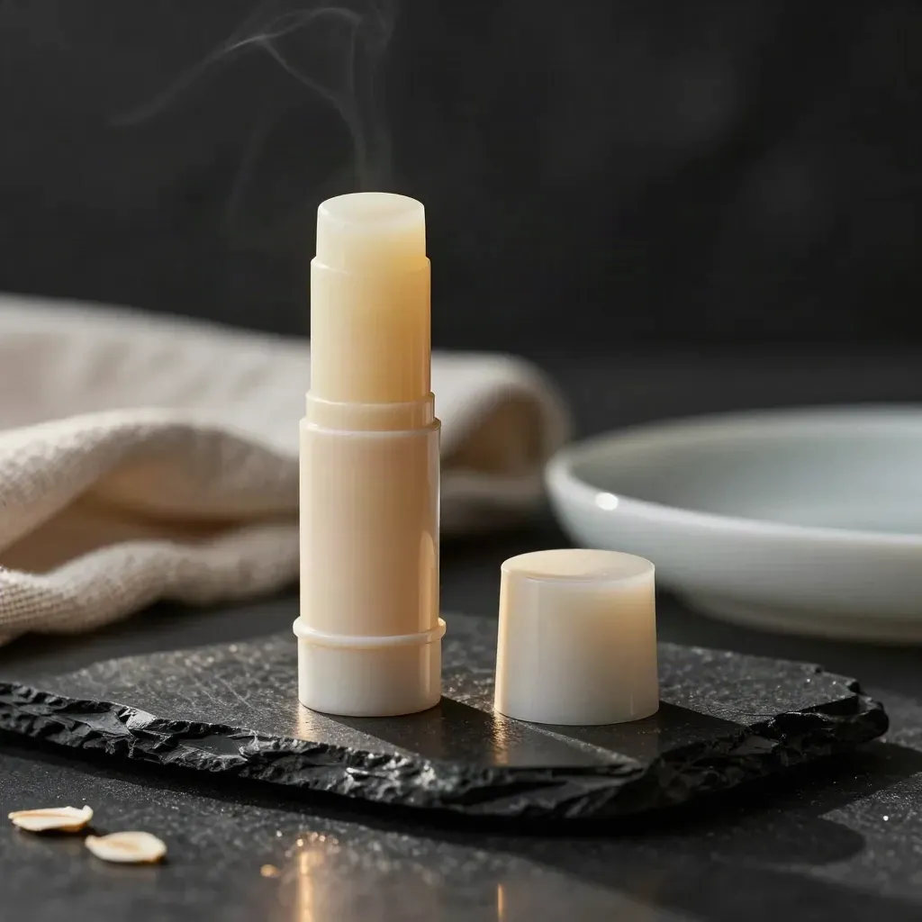 Unbranded cooling balm stick on dark stone with its cap off and soft spa haze.