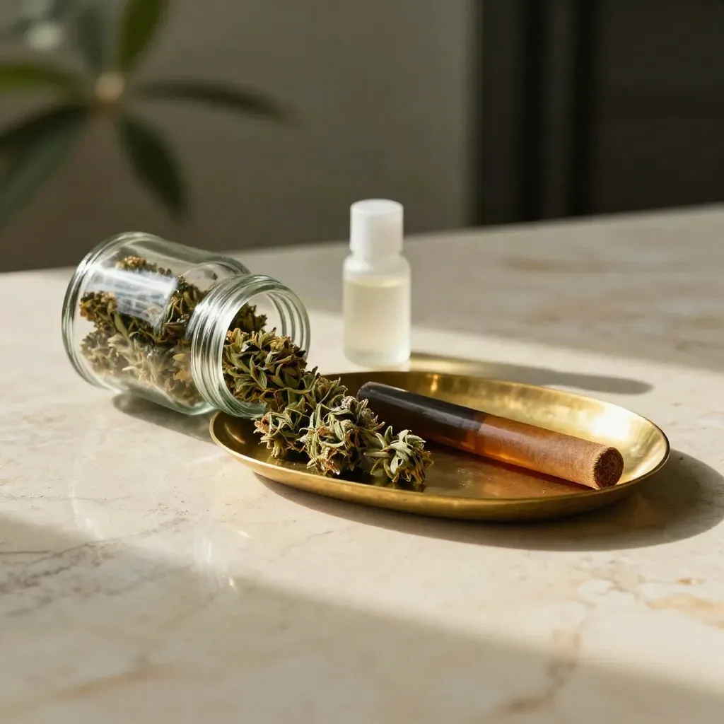 Cannabis flower buds on a marble counter with brass tray and soft green blur