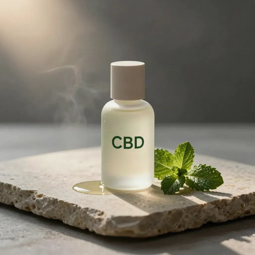 CBD peppermint drops bottle with mint sprig and clear drops on brushed stone in cool mist