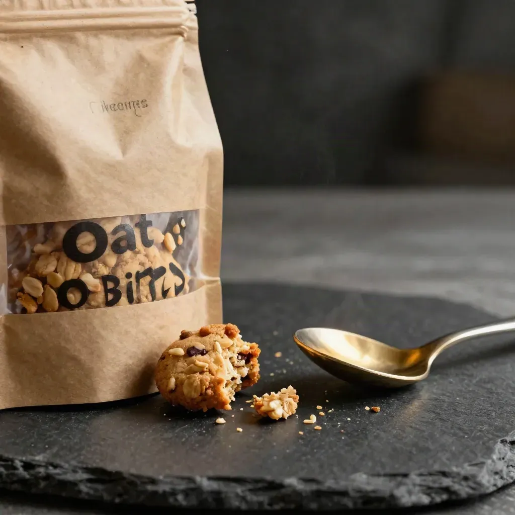 Macro of oat cookie bites pouch, split cookie, crumbs, and spoon on dark stone.