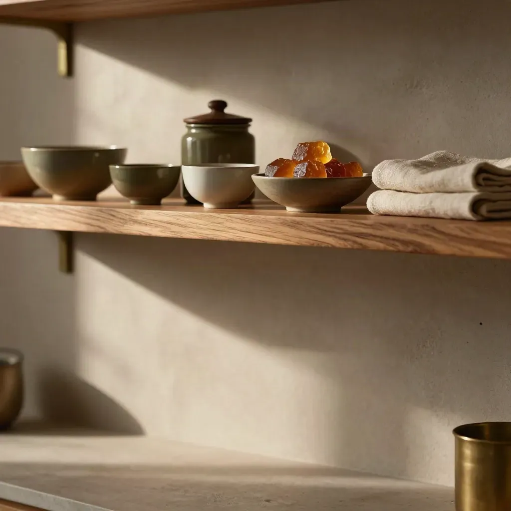 Walnut shelves with ceramic bowls, apothecary jar, amber edibles and soft steam in morning light.