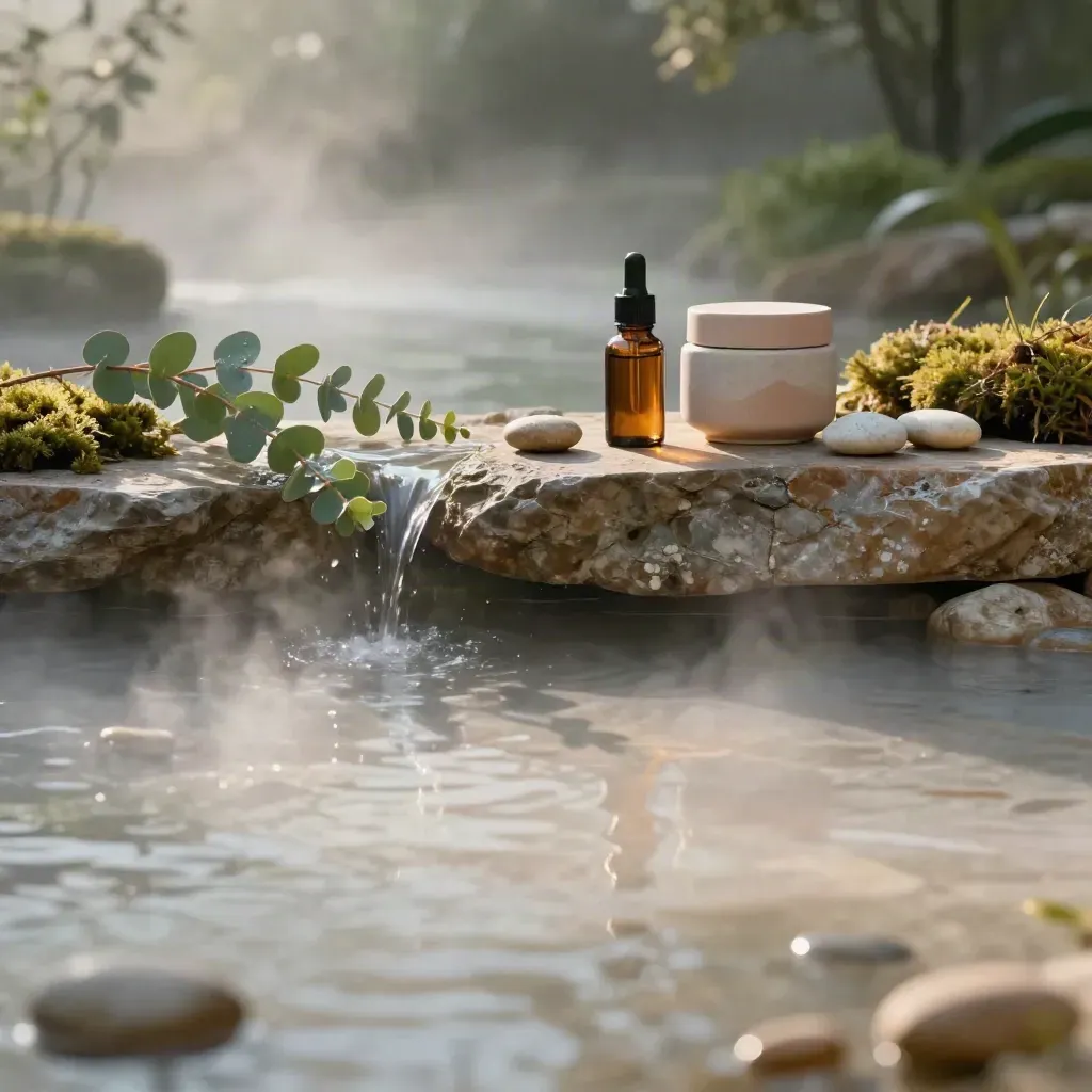 Stone spa ledge with eucalyptus, pebbles, mist, and a blurred water run at dawn.