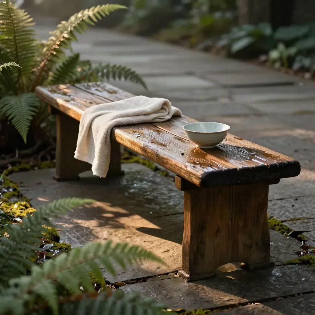 Teak bench with towel and bowl beside a fern path at golden hour.