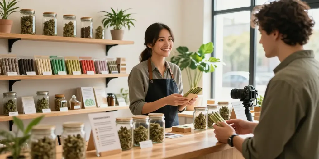 Engaging cannabis retail display with diverse cannabis pre rolls online available for customers in a vibrant atmosphere.