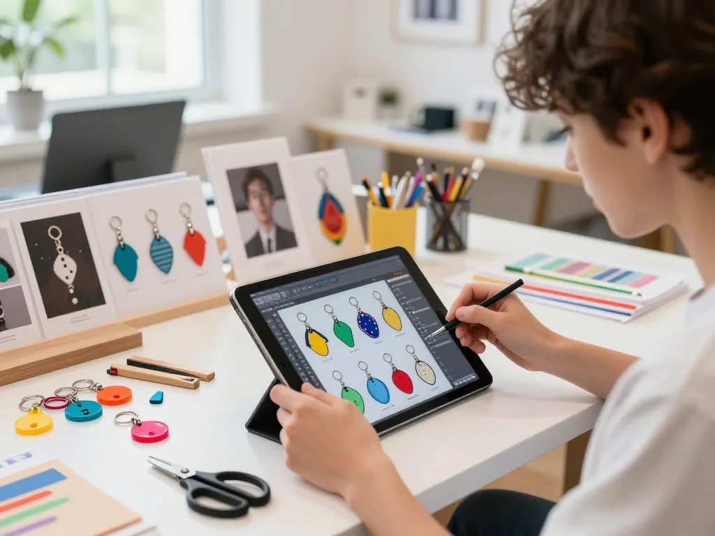 Creating a vibrant keychain custom design at a modern workstation filled with crafting materials.