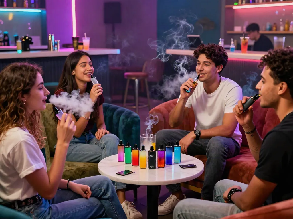 Friends enjoying Hitz infinity Gen 7 disposables in a vibrant lounge.