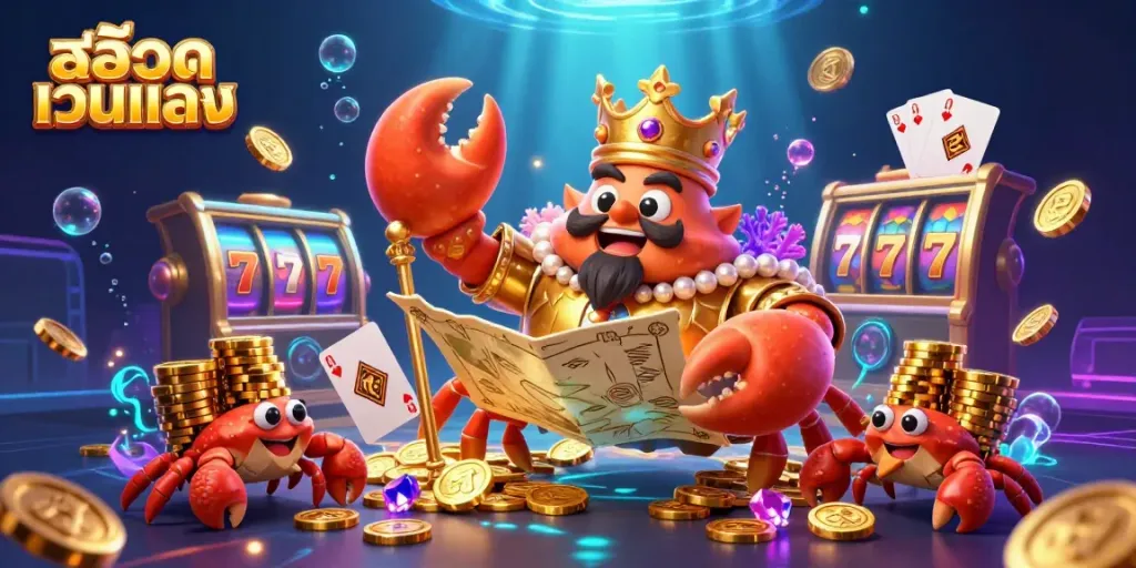 Spin the สล็อตเว็บตรง reels with a majestic golden crab emperor in a vibrant 3D casino scene.