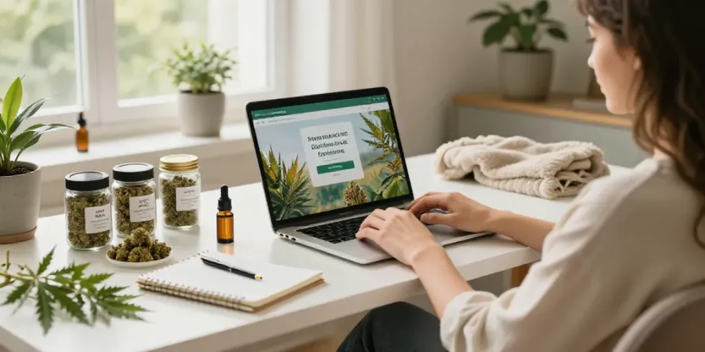 Interested individuals browsing for CBD Blüten kaufen while enjoying a relaxing home office environment.