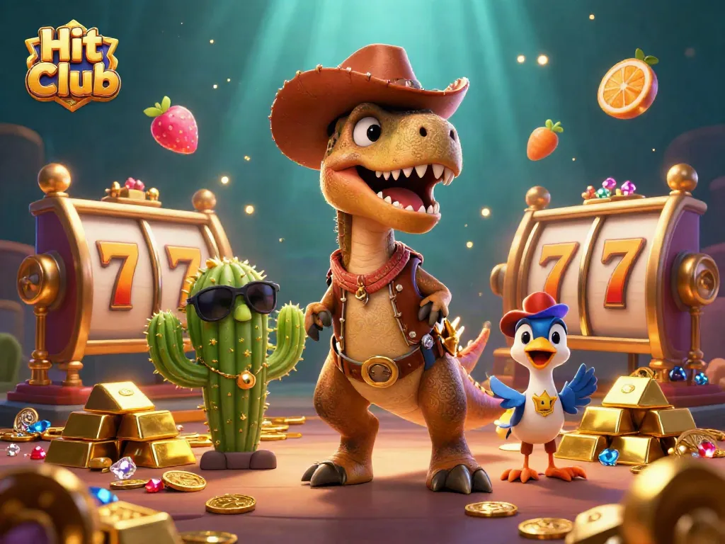 Hit Club illustration featuring a cowboy dinosaur, cactus, and roadrunner in a casino setting with vibrant slots and treasures.