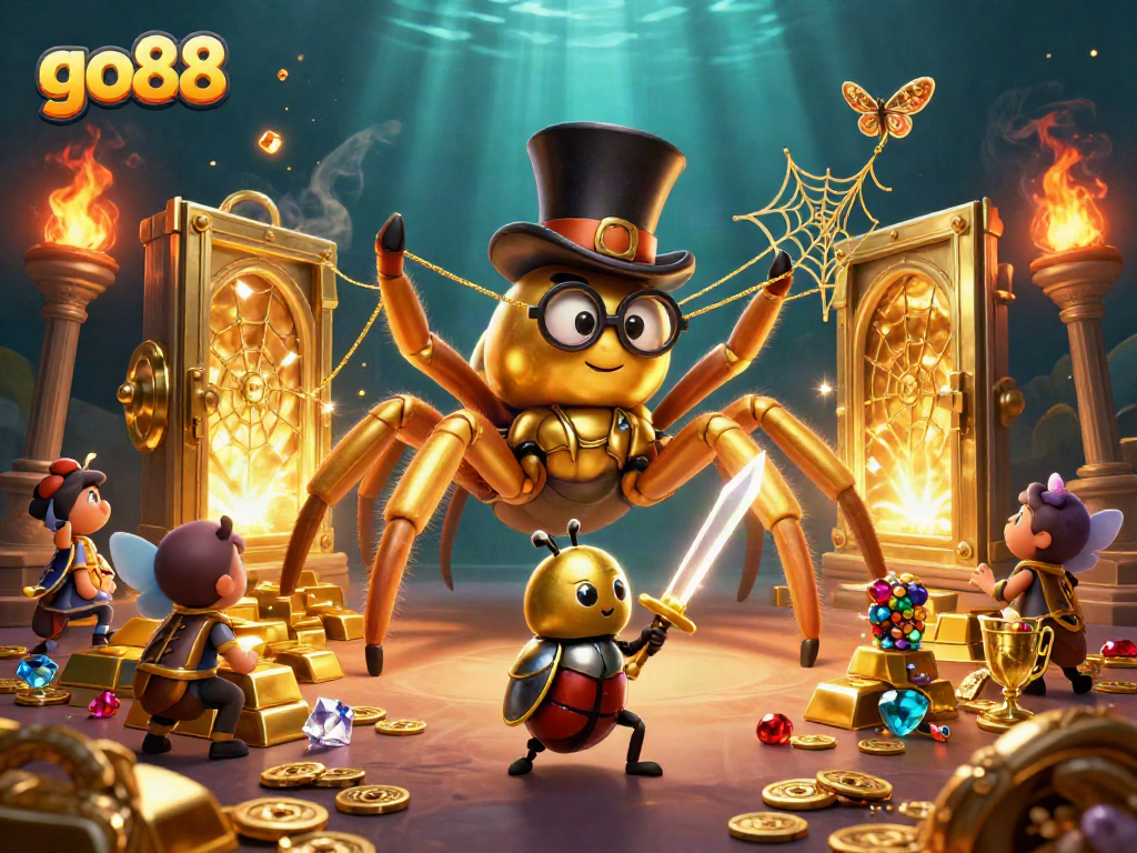 Engage with go88's exciting adventures as the golden tarantula weaves a treasure web in a vibrant casino
