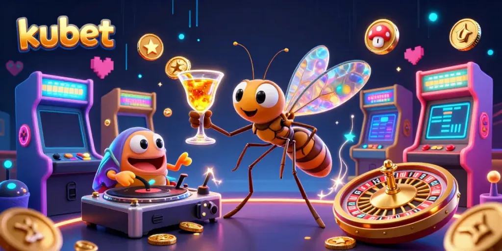 Experience the excitement of Kubet with a lively casino mascot and a trilobite DJ amidst vibrant gaming elements.