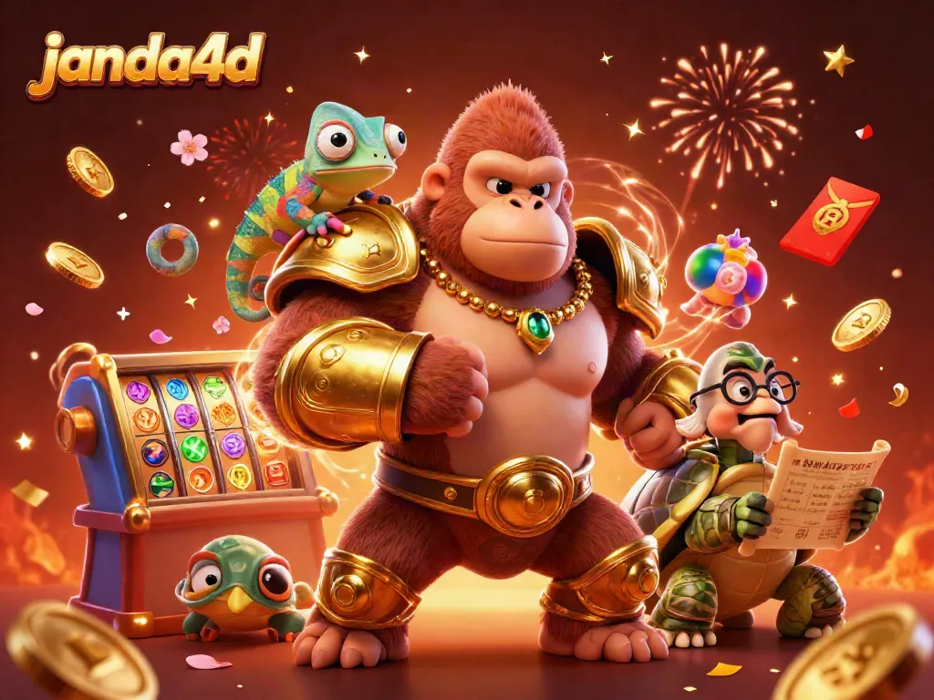 Gorilla kuat mengenakan armor emas di situs janda4d dikelilingi oleh elemen slot, simbol keberuntungan, dan konfeti merah dan emas.