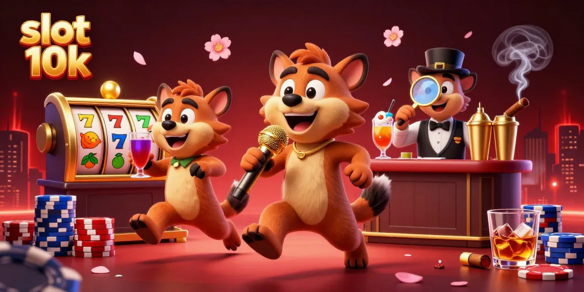 Engage with slot 10k features in a colorful 3D casino scene with hyenas and lively game elements.
