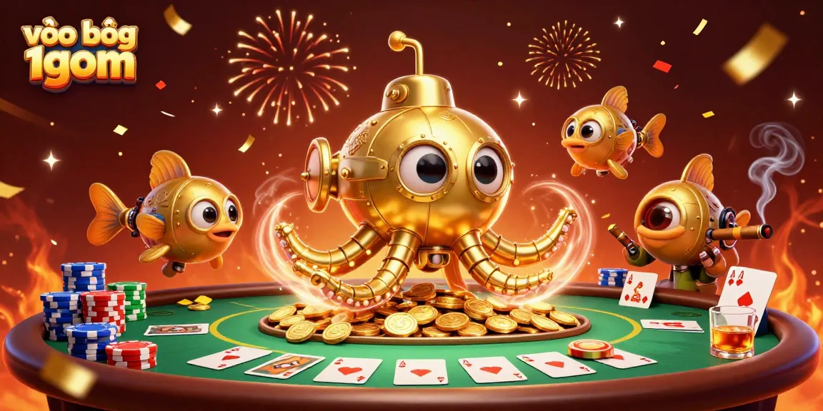 Engage in thrilling stakes with vào bóng 1gom, featuring a dynamic 3D scene of a golden kraken submarine amidst poker elements.