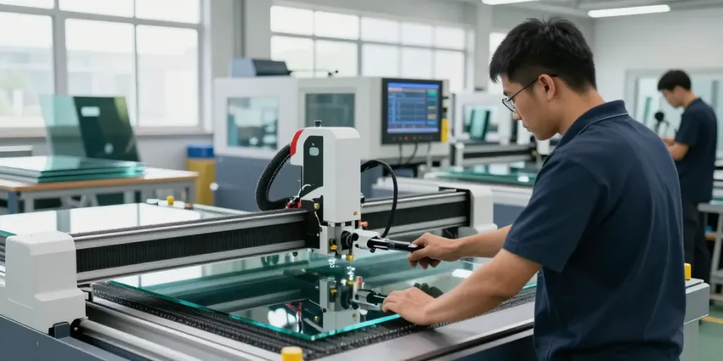 Expert technician calibrating cutting machine at glass manufacturing facility by leading glass machine manufacturers.
