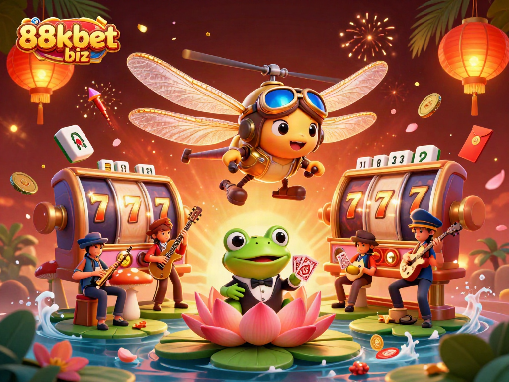Engage with thrilling casino action featuring 88kbet biz's vibrant dragonfly pilot and frog dealer in a rich 3D scene.