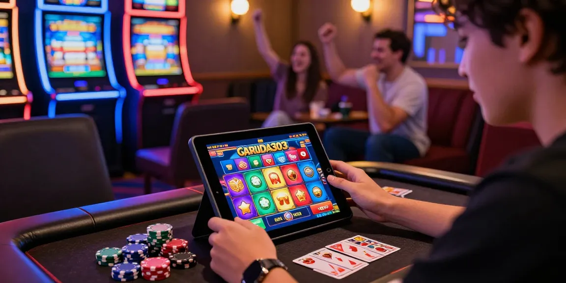 Exciting gaming moment on Garuda303, featuring vibrant digital slots and friends celebrating in a lively setting.