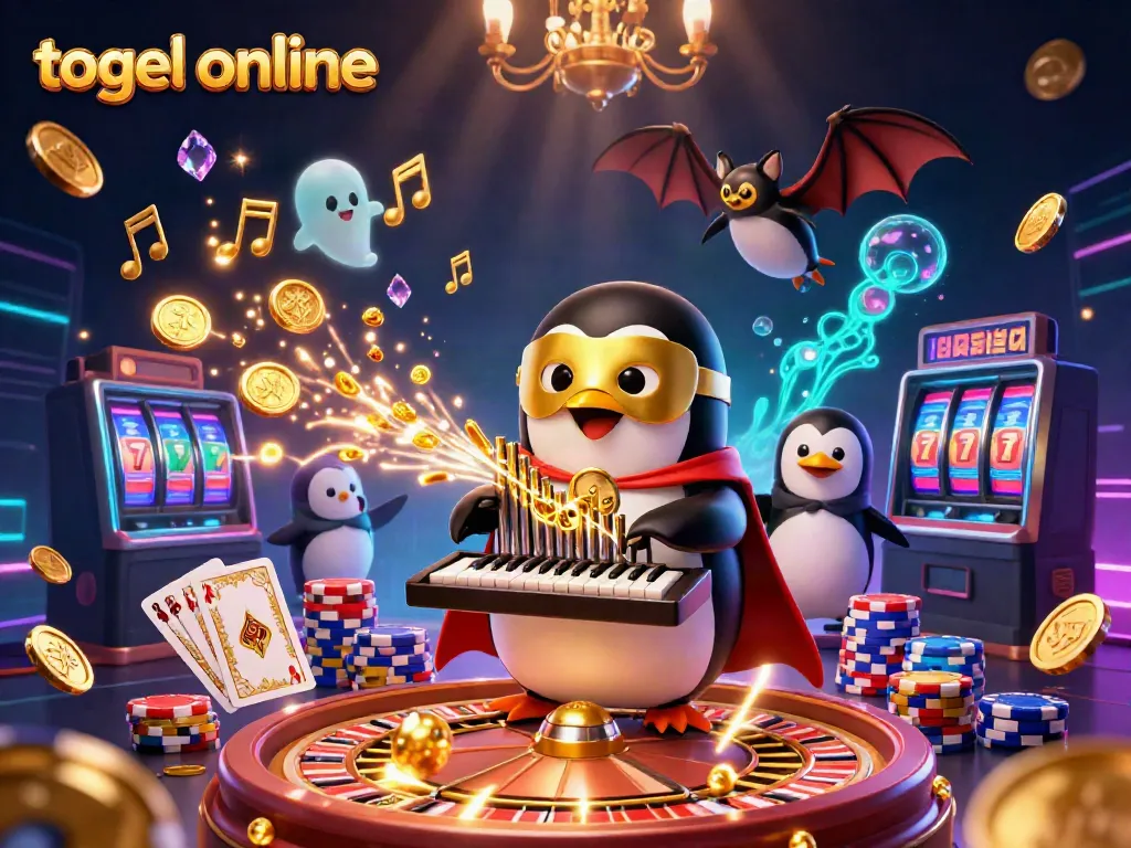 Engage in togel online with a colorful casino scene featuring a phantom penguin and sparkling elements.