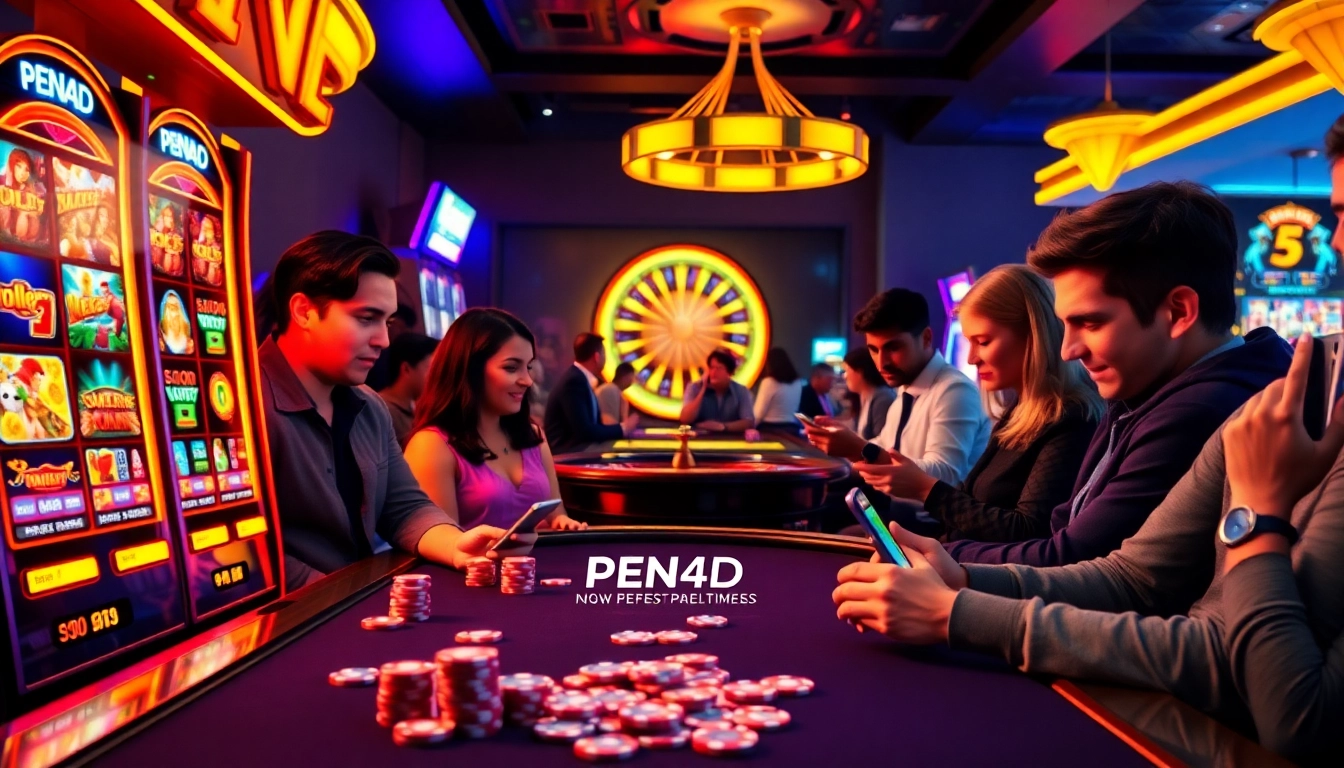 PEN4D players enjoying exciting modern slot machines in a vibrant online casino atmosphere.