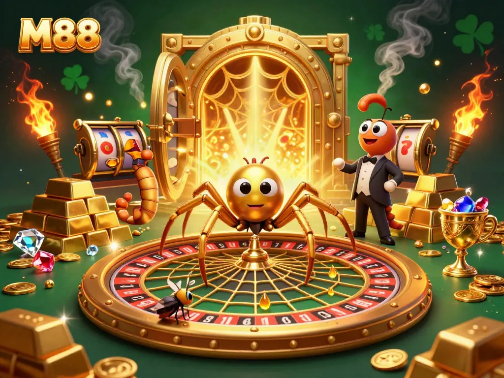 Experience the thrill of M88 as a fly places bets on a roulette wheel web, captured in vibrant 3D detail.