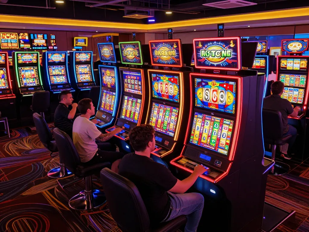 Engaging scene of players enjoying a slot bet 200 at vibrant casino machines, showcasing casino excitement.