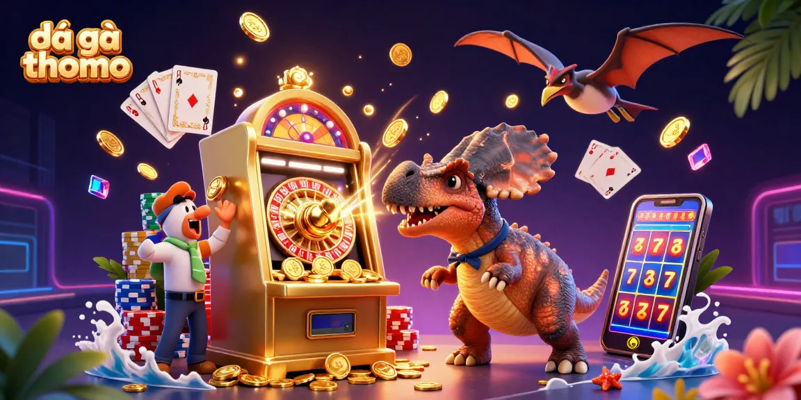 Experience the excitement of đá gà thomo with an animated scene of characters celebrating casino wins and jackpot thrills.