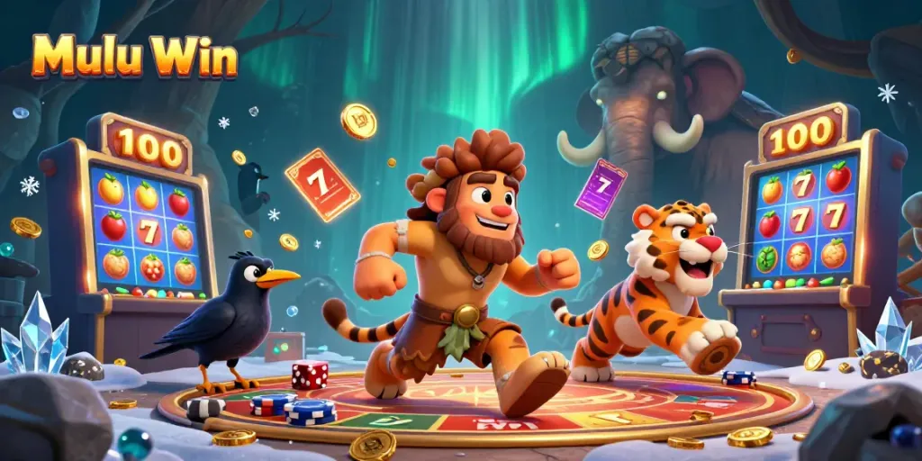Mulu Win casino scene showcasing a caveman and tiger duo playing unique games with stone dice and poker chips