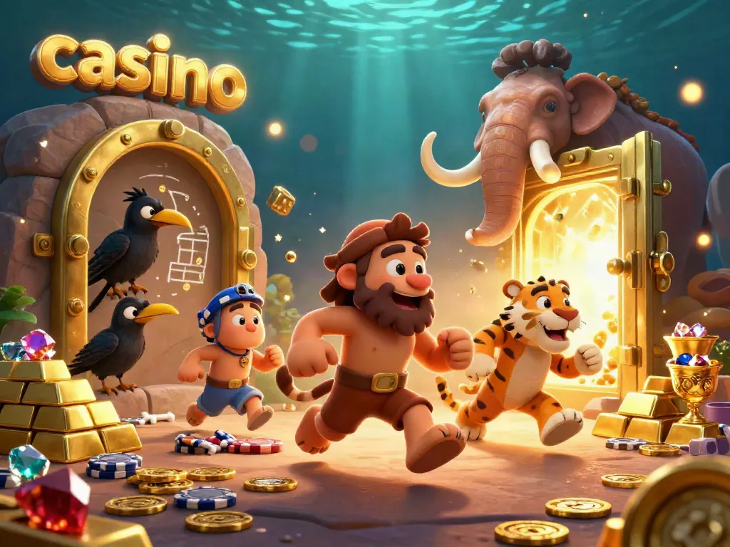 Engage in lively casino adventures with a 3D cartoon caveman and sabertooth duo amidst treasures and high-stakes fun.