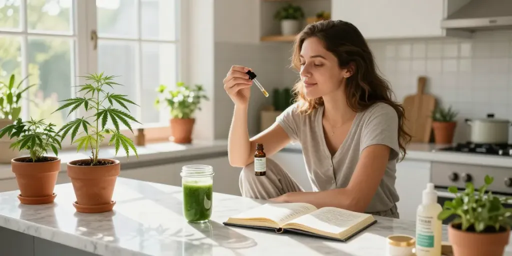 Buy shatter in Canada with quality CBD oil and hemp extract in a bright wellness kitchen setting.
