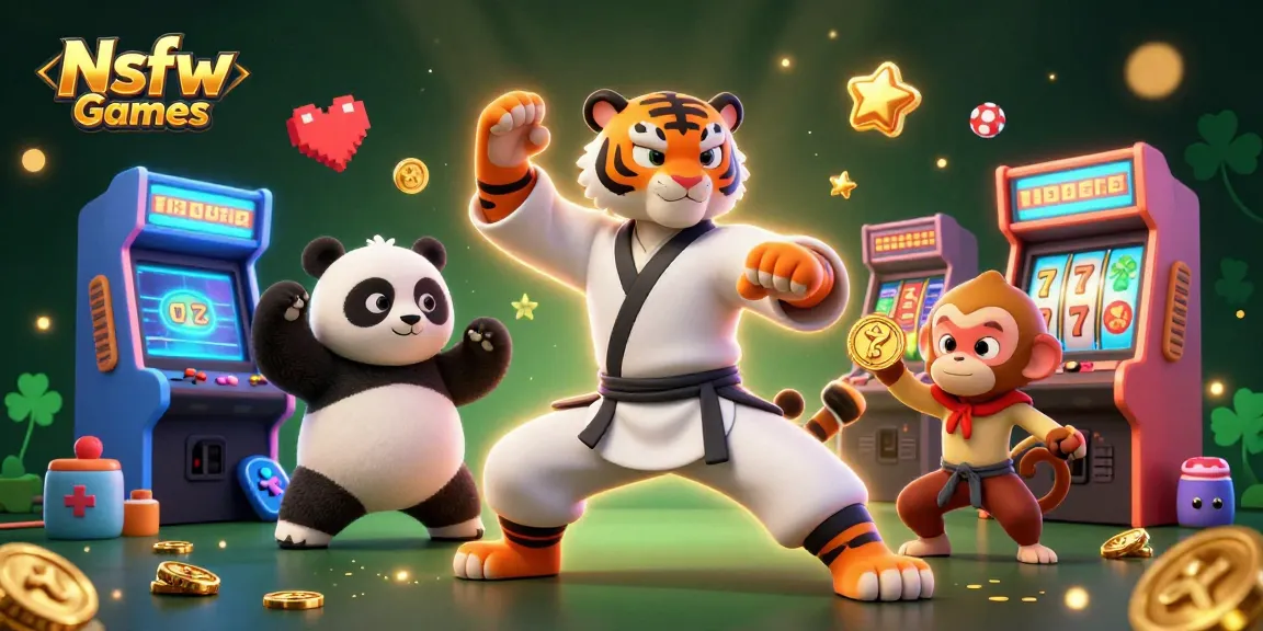 Nsfw Games featuring a kung fu tiger amid slot machines, showcasing vibrant casino elements and action.