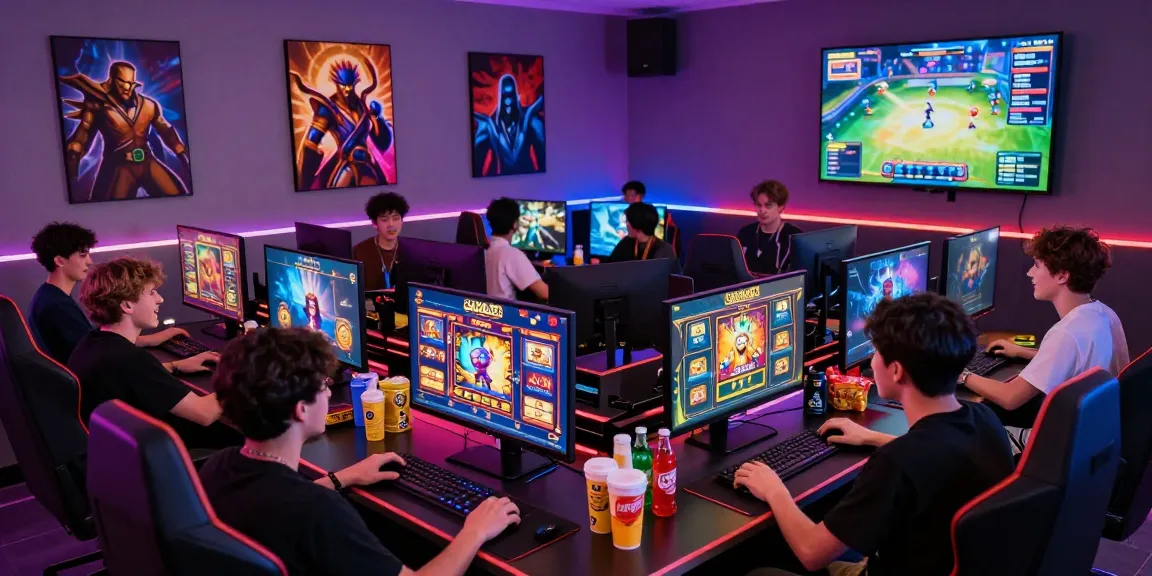 Enthusiastic gamers enjoying GARUDA303 online gaming with colorful screens and excited atmosphere.