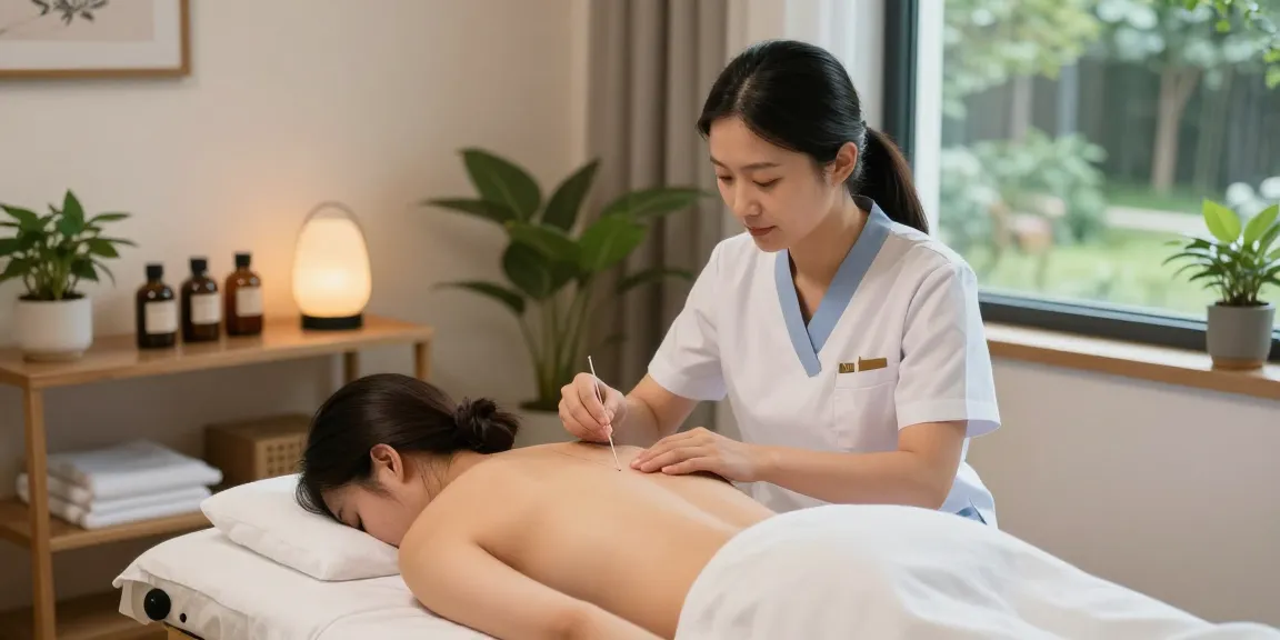 Healing session at 영통한의원 with acupuncture treatment in a serene clinic environment.
